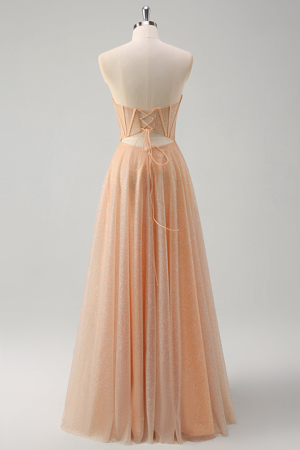 Glitter Champagne Strapless Corset Prom Dress with Slit