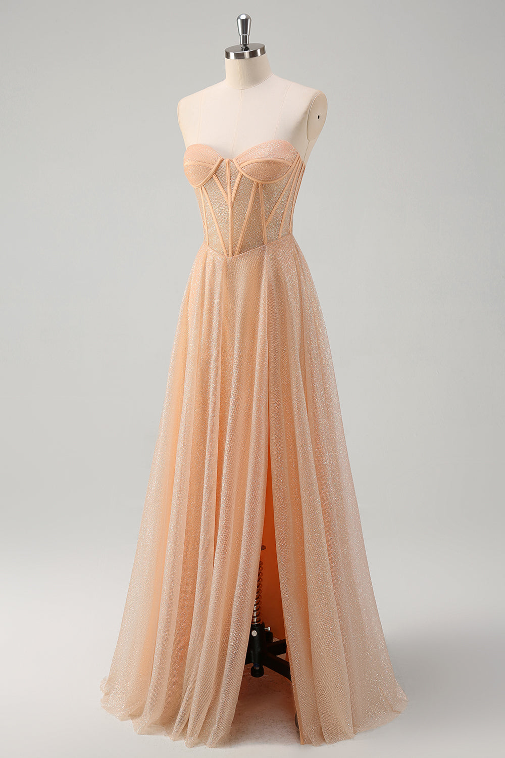 Glitter Champagne Strapless Corset Prom Dress with Slit