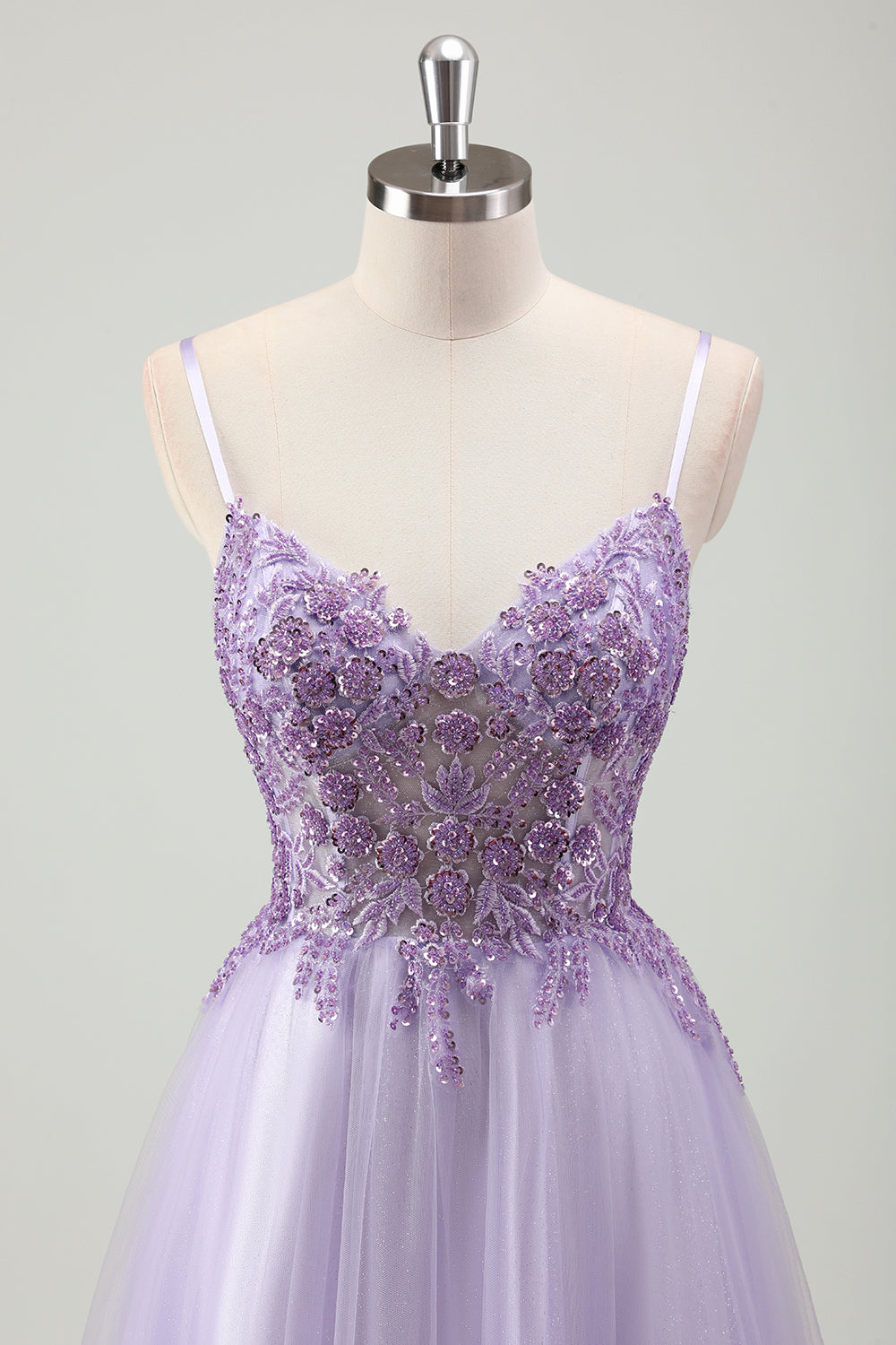 Glitter Purple Applique Sequined Tulle A-Line Prom Dress