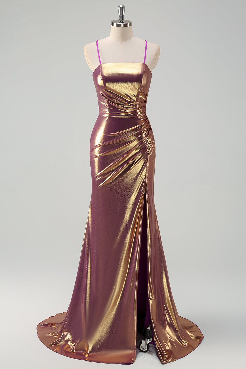 Sparkly Golden Mermaid Spaghetti Strap Prom Dress with Slit