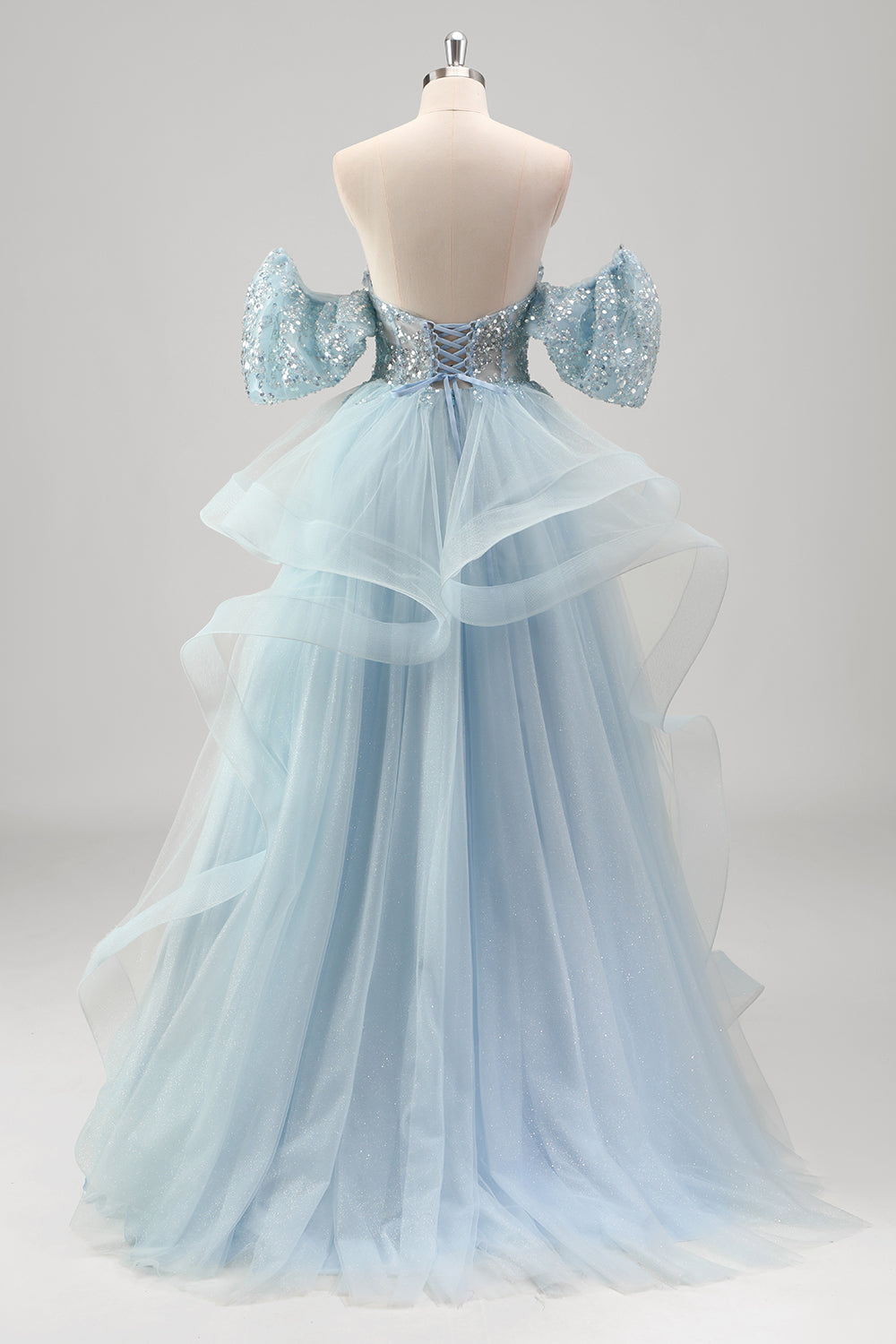 Blue Strapless Corset Sequined Tulle Prom Dress with Ruffles