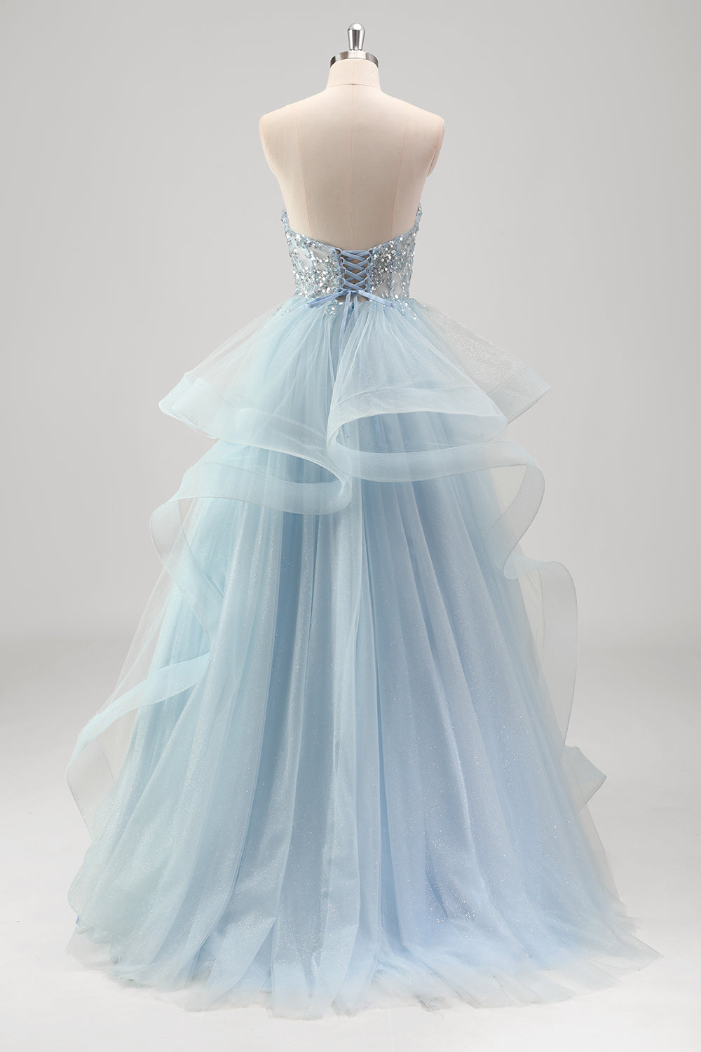 Blue Strapless Corset Sequined Tulle Prom Dress with Ruffles