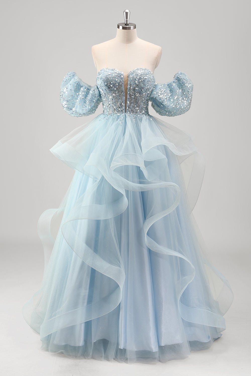 Blue Strapless Corset Sequined Tulle Prom Dress with Ruffles