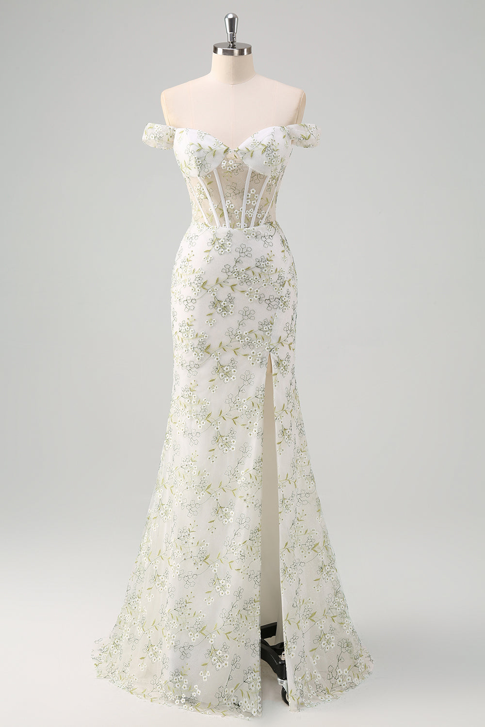 Light Green Off the Shoulder Corset Applique Prom Dress with Slit