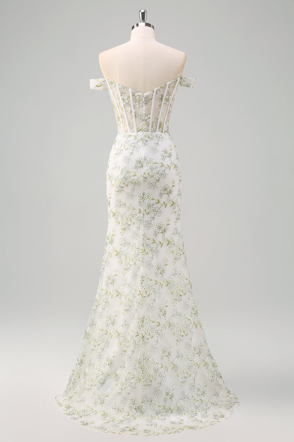 Light Green Off the Shoulder Corset Applique Prom Dress with Slit