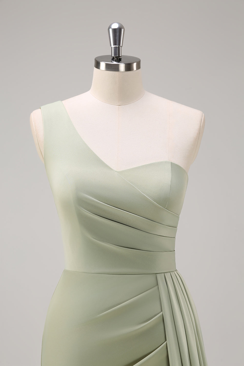 Sage One Shoulder Satin Mermaid Bridesmaid Dress with Slit