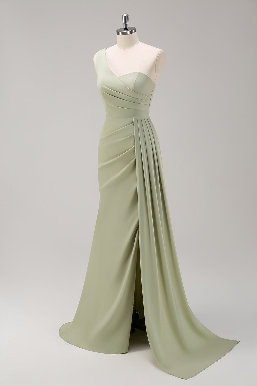 Sage One Shoulder Satin Mermaid Bridesmaid Dress with Slit