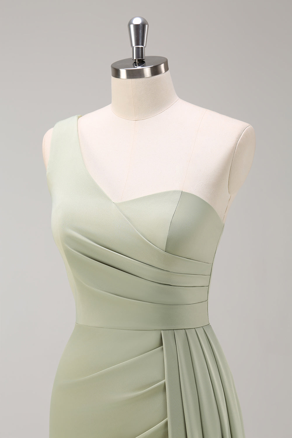 Sage One Shoulder Satin Mermaid Bridesmaid Dress with Slit