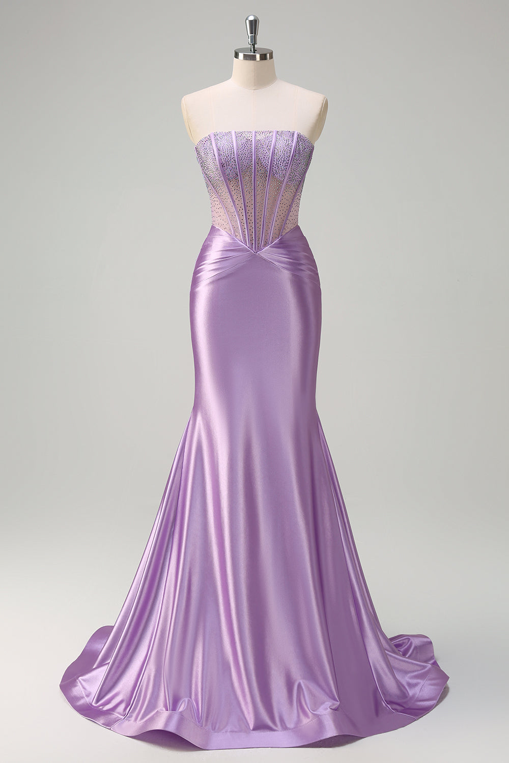 Lilac Strapless Corset Beaded Mermaid Satin Prom Dress