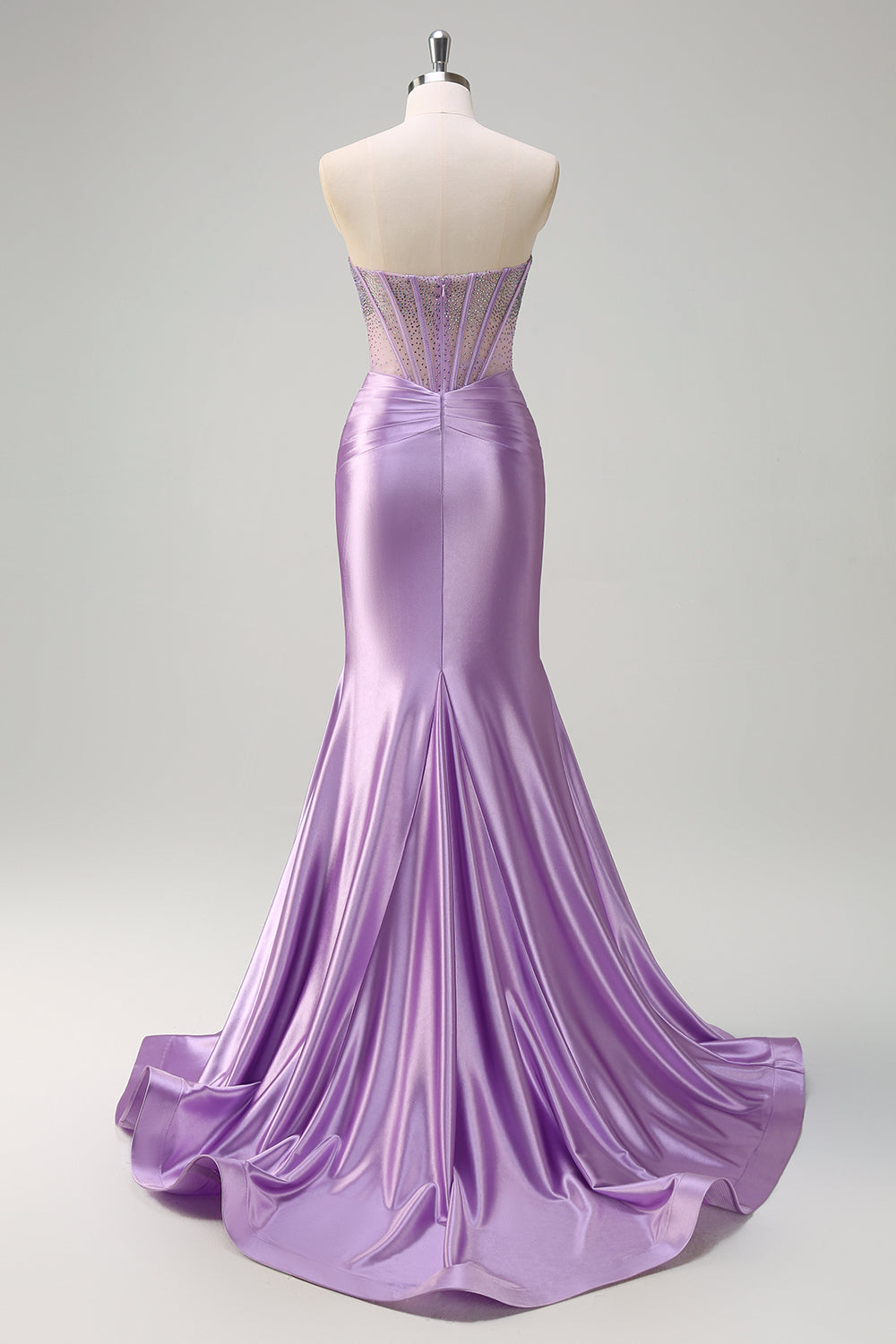 Lilac Strapless Corset Beaded Mermaid Satin Prom Dress