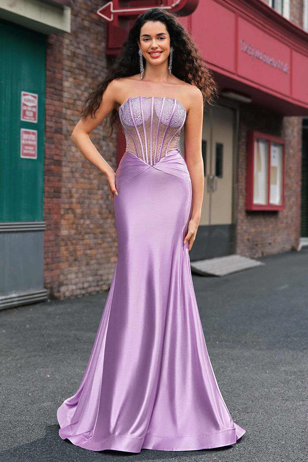 Lilac Strapless Corset Beaded Mermaid Satin Prom Dress