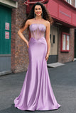 Lilac Strapless Corset Beaded Mermaid Satin Prom Dress