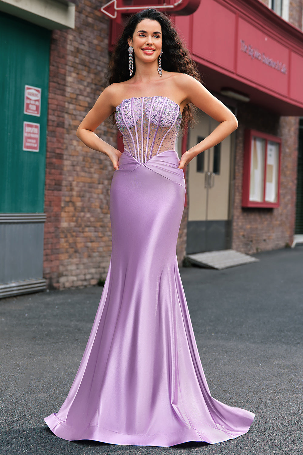 Lilac Strapless Corset Beaded Mermaid Satin Prom Dress