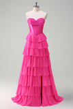 Fuchsia Sweetheart Tiered Floor Length A-Line Prom Dress with Slit