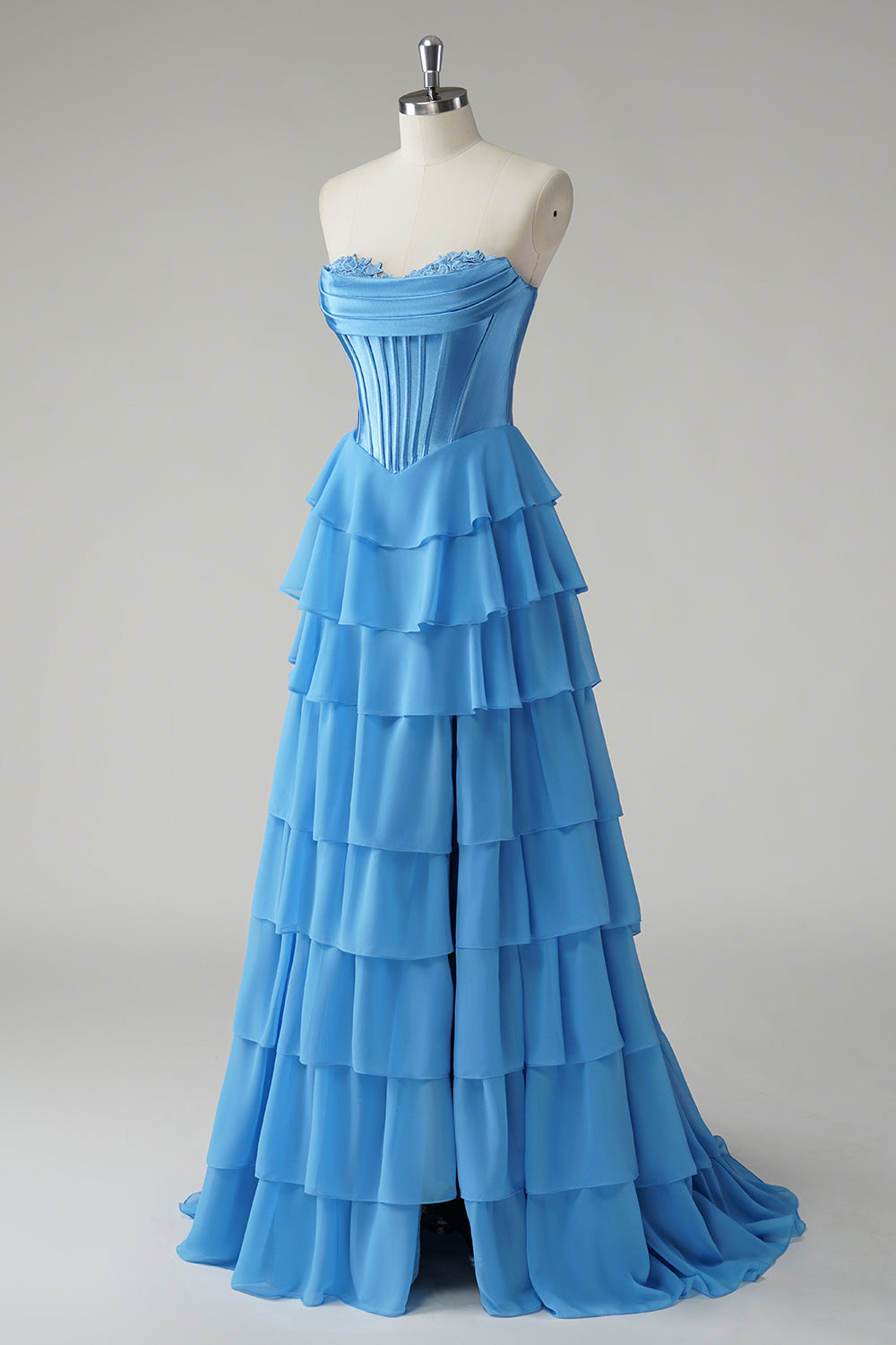 Fuchsia Sweetheart Tiered Floor Length A-Line Prom Dress with Slit