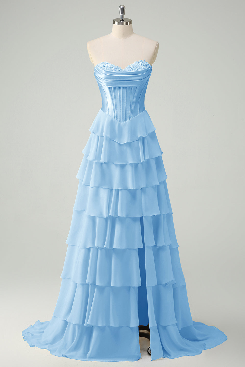 Fuchsia Sweetheart Tiered Floor Length A-Line Prom Dress with Slit