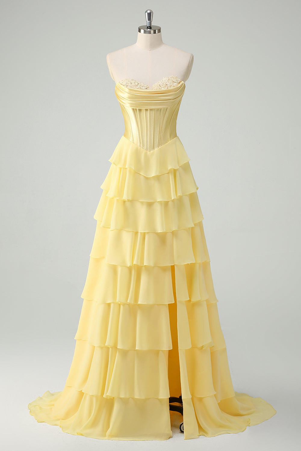 Leely Women Yellow Sweetheart Tiered A-Line Prom Dress with Slit Strapless Floor Length Pageant Dress