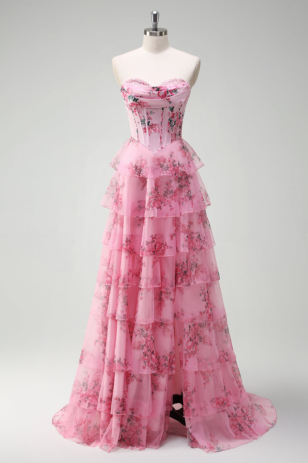Leely Women Blush Strapless Floral A-Line Prom Dress with Slit Sweetheart Tiered Long Formal Dress