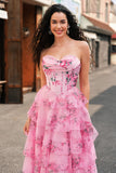 Blush Strapless Sweetheart Floral A-Line Tiered Prom Dress with Slit