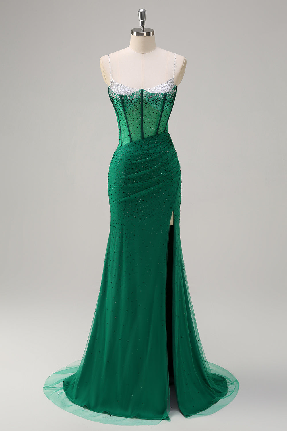 Royal Blue Spaghetti Straps Corset Beaded Mermaid Prom Dress with Slit