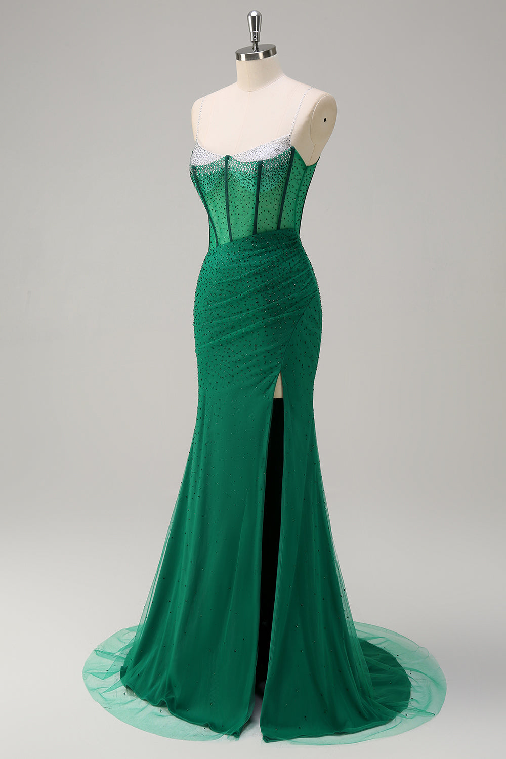Royal Blue Spaghetti Straps Corset Beaded Mermaid Prom Dress with Slit