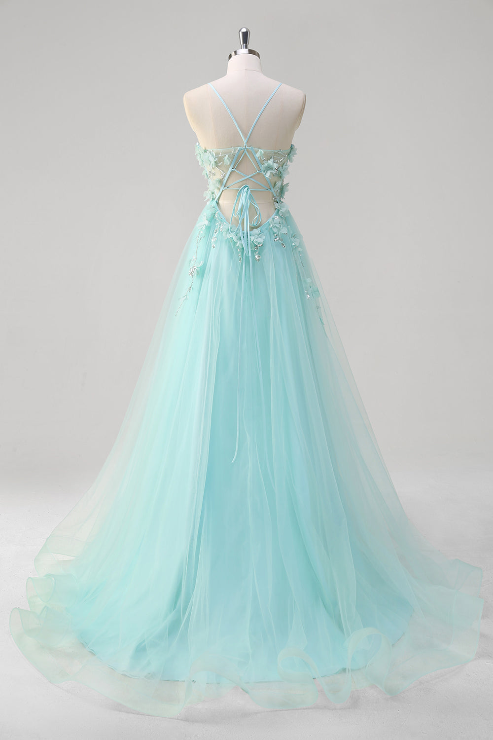 Green Applique Sequined Tulle A-Line Prom Dress