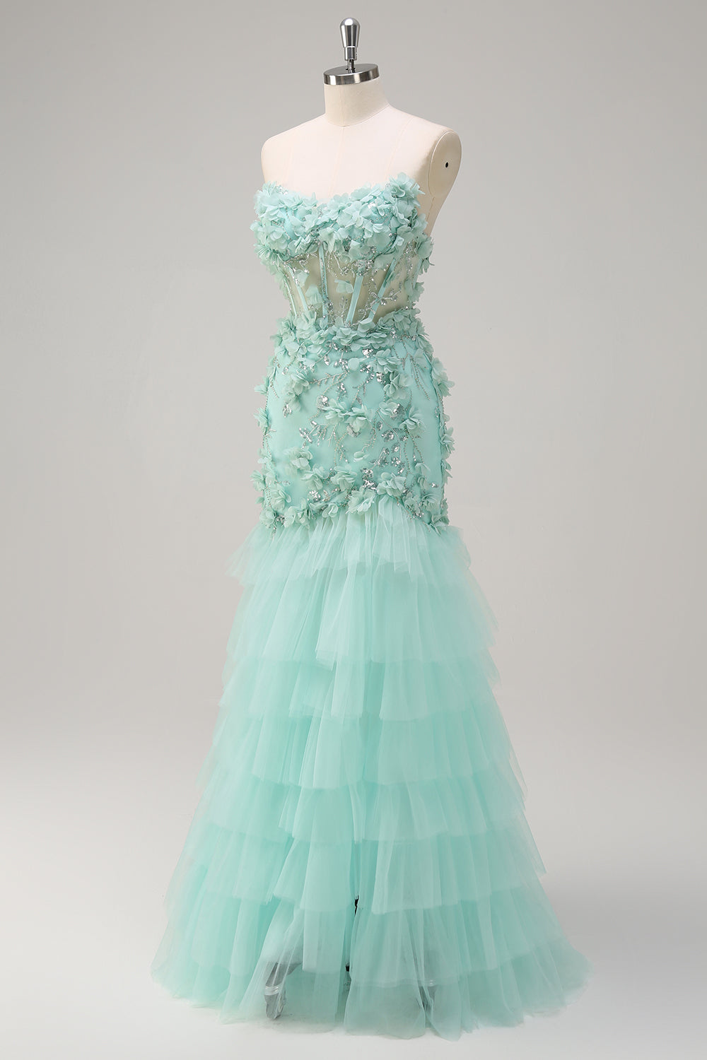 Green Strapless Mermaid Corset Applique Tulle Prom Dress with Sequins