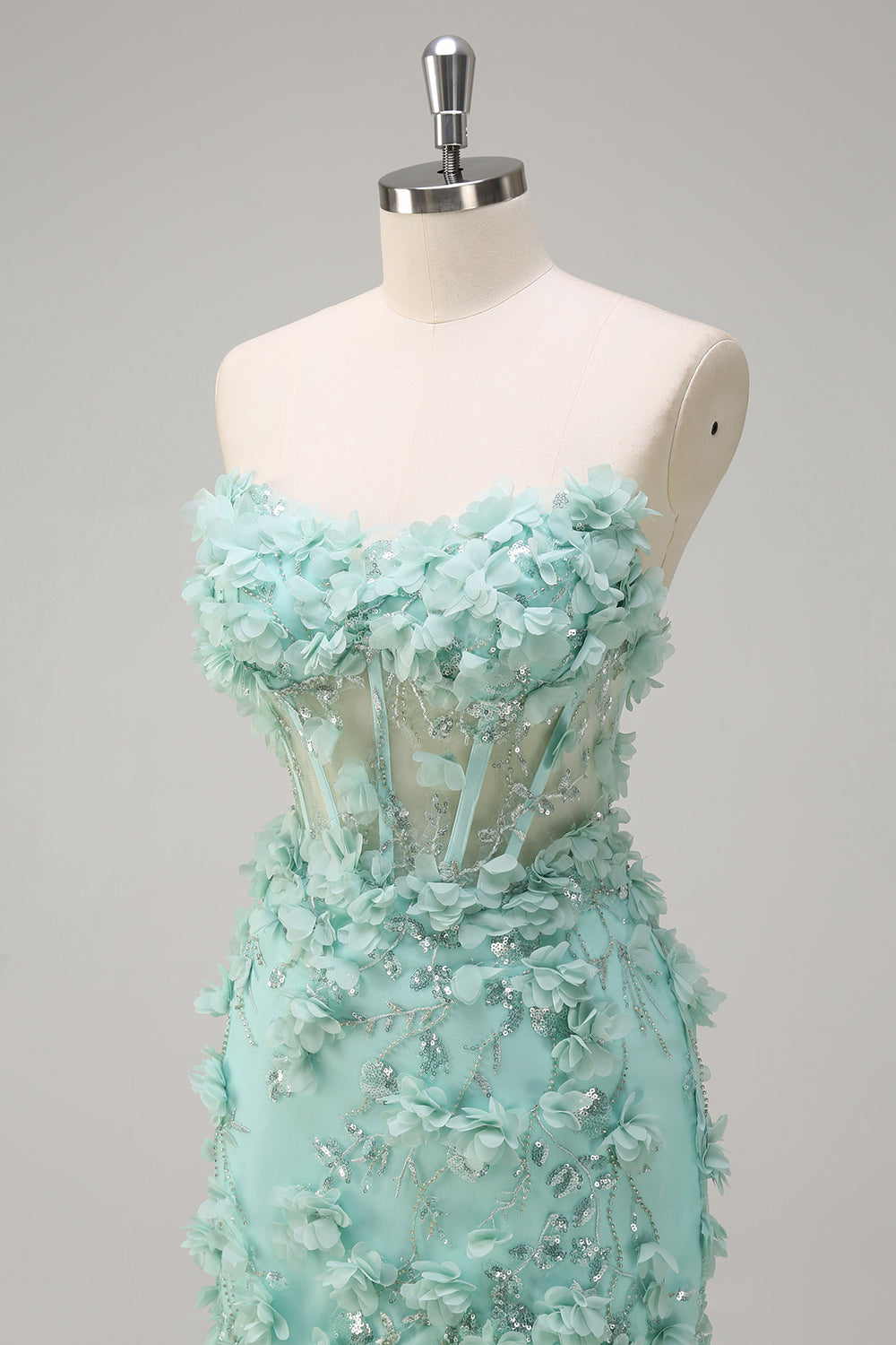 Green Strapless Mermaid Corset Applique Tulle Prom Dress with Sequins