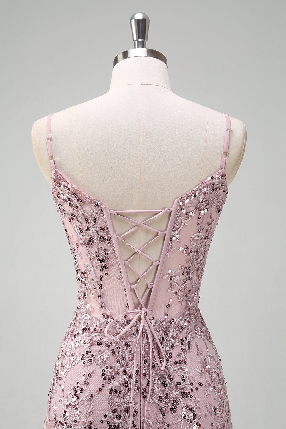Sparkly Grey Pink V-Neck Tulle Mermaid Sequined Prom Dress