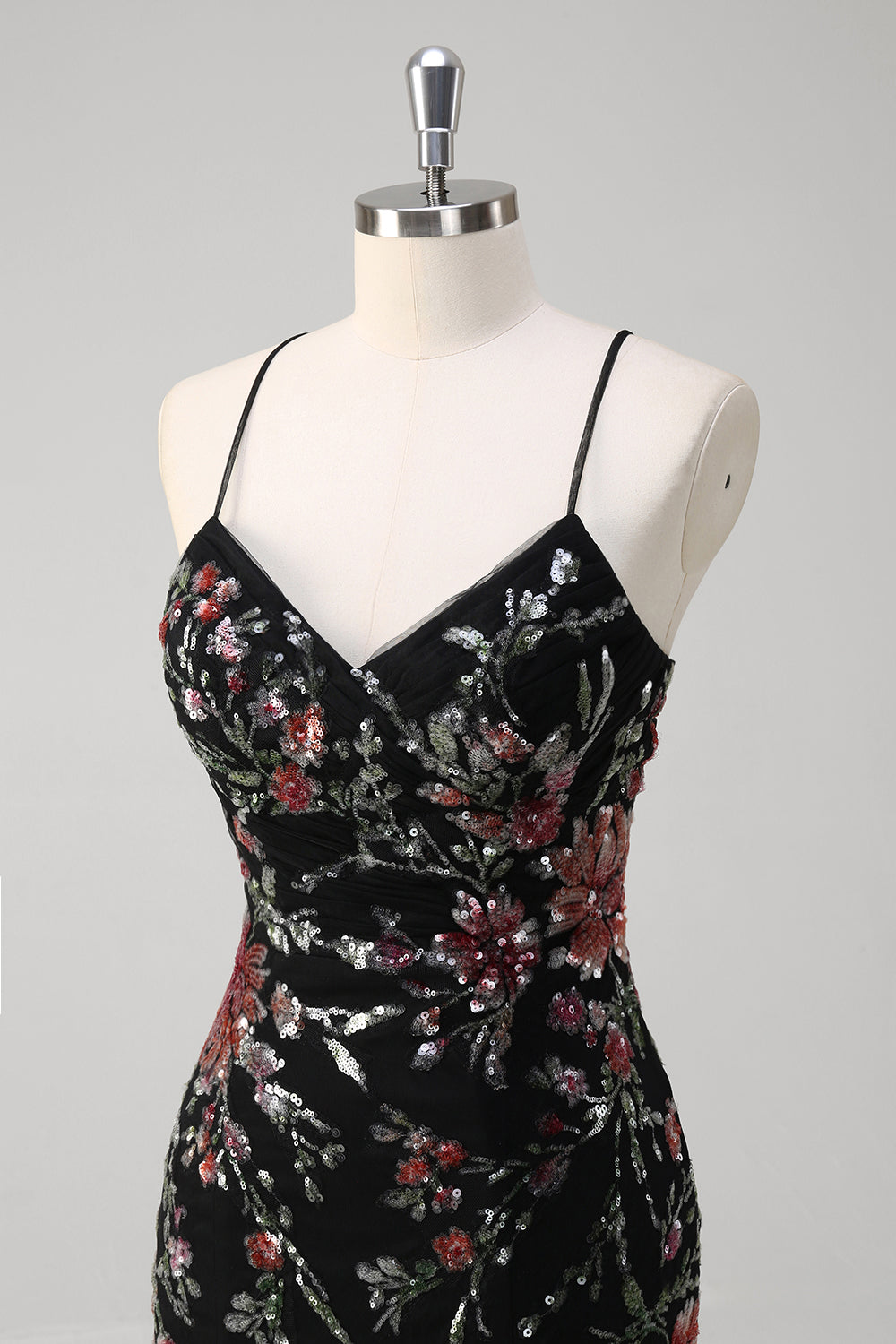 Black Spaghetti Straps Sequined Tulle Floral Mermaid Prom Dress