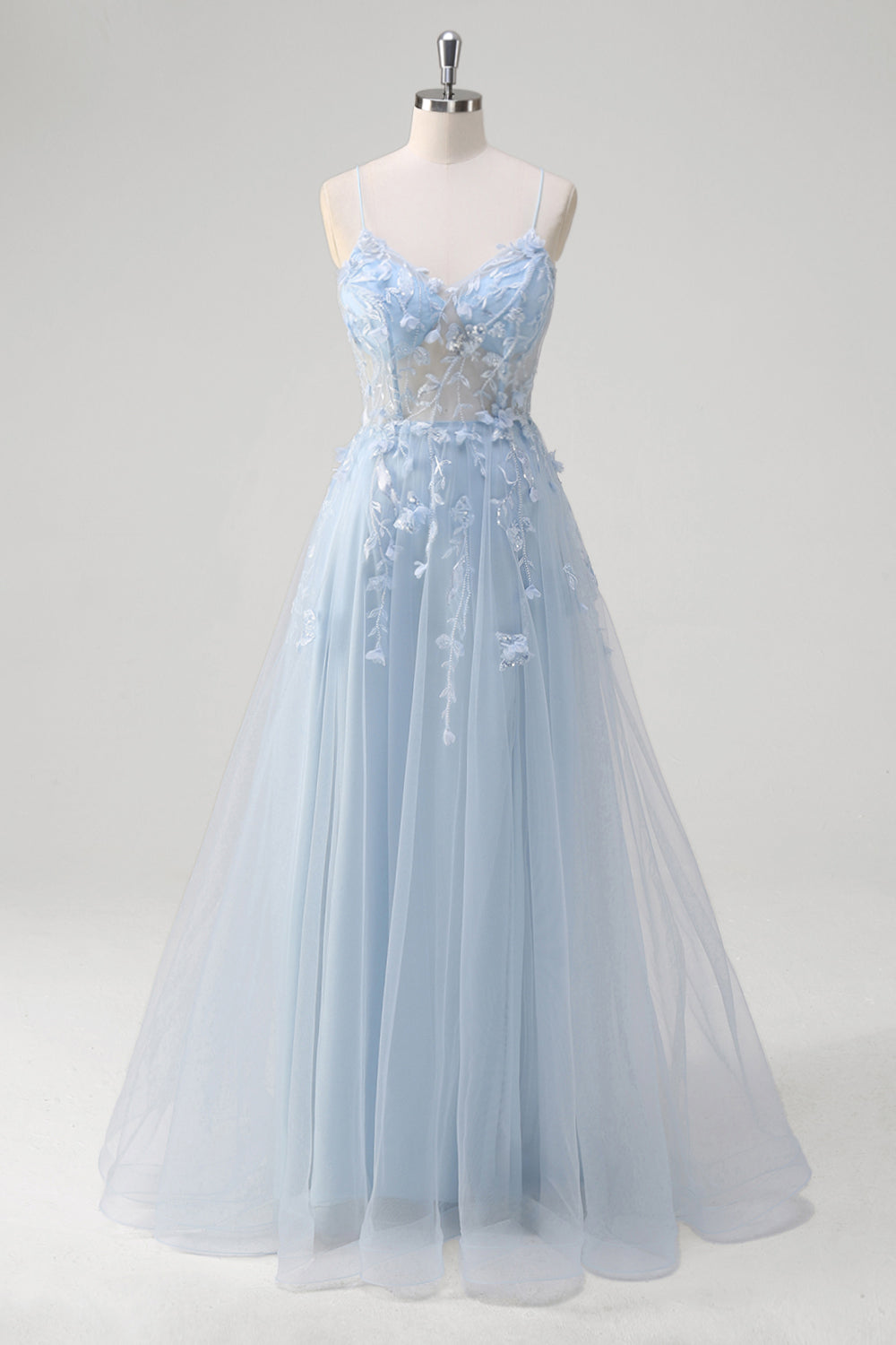 Blue Corset Applique Beaded A-Line Prom Dress with Slit