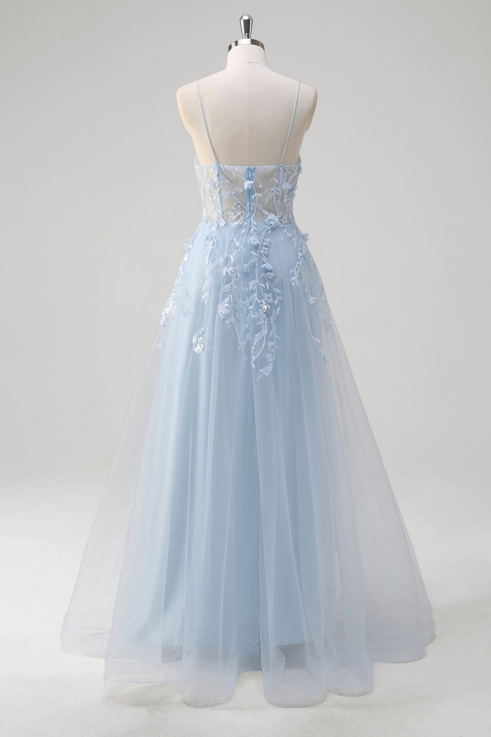 Blue Corset Applique Beaded A-Line Prom Dress with Slit