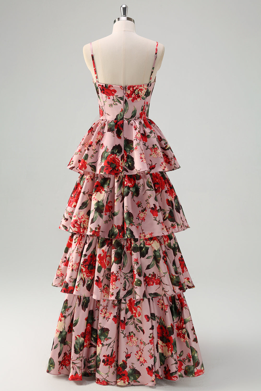 Grey Pink Floral Tiered Wedding Party Dress with Slit