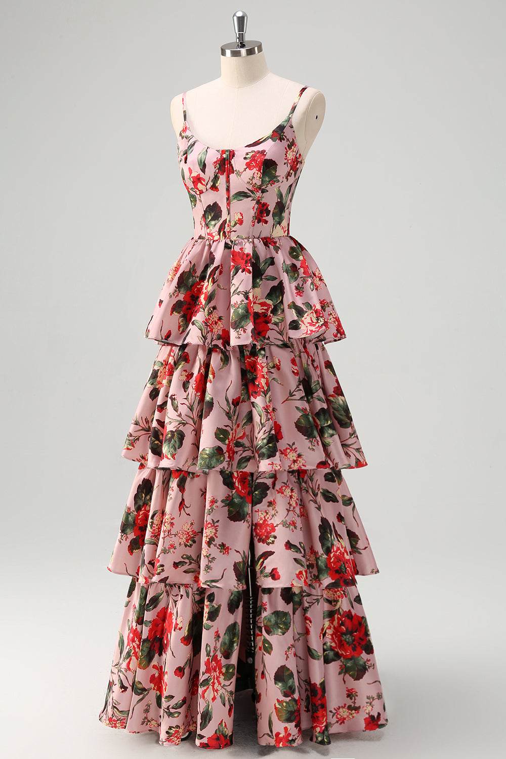 Grey Pink Floral Tiered Wedding Party Dress with Slit