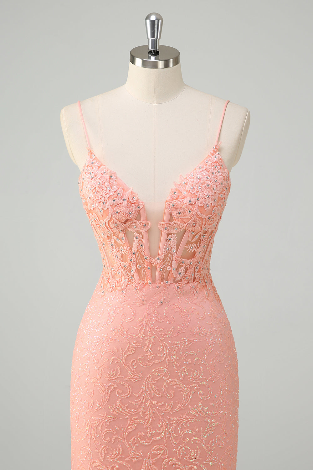Orange Spaghetti Straps Corset Sweep Train Mermaid Floral Prom Dress