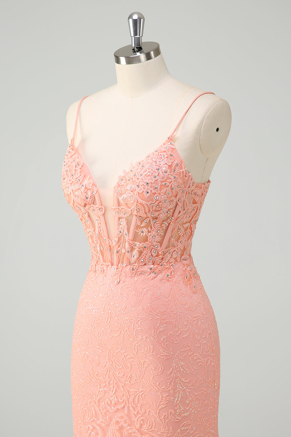 Orange Spaghetti Straps Corset Sweep Train Mermaid Floral Prom Dress