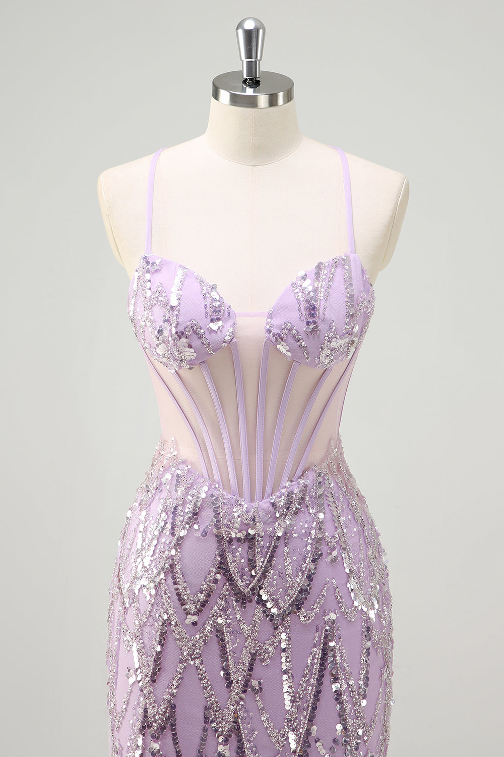 Sparkly Lilac Corset Sequined Mermaid Prom Dress with Criss Cross Back