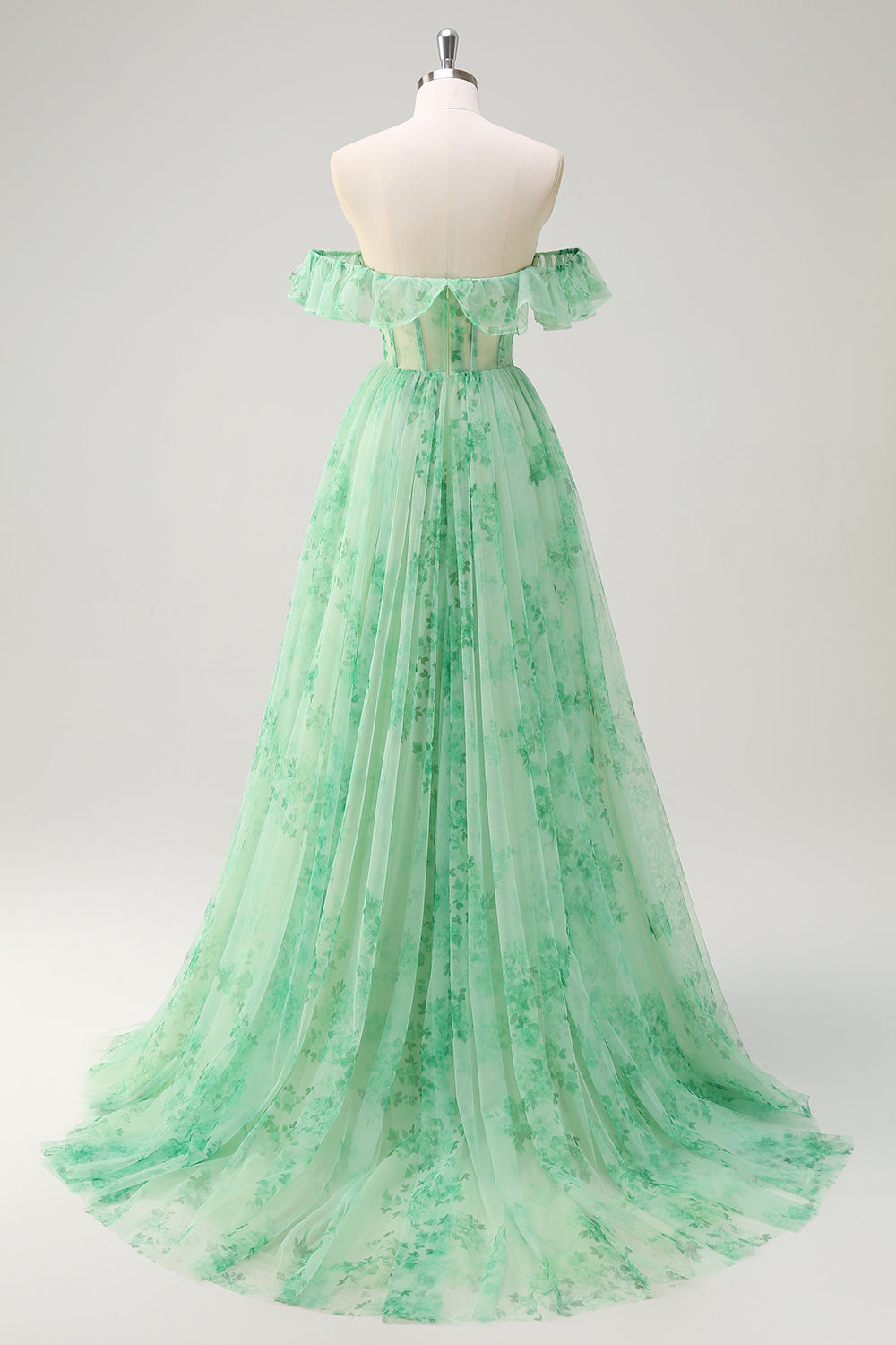 Green Off the Shoulder Corset Floral A-Line Prom Dress with Ruffle