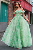 Green Off the Shoulder Corset Floral A-Line Prom Dress with Ruffle
