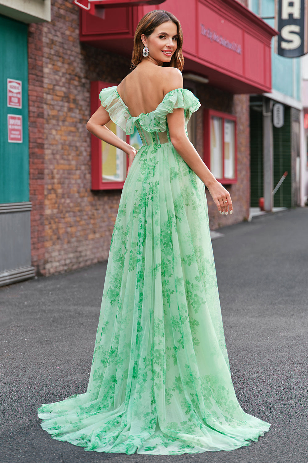 Green Off the Shoulder Corset Floral A-Line Prom Dress with Ruffle
