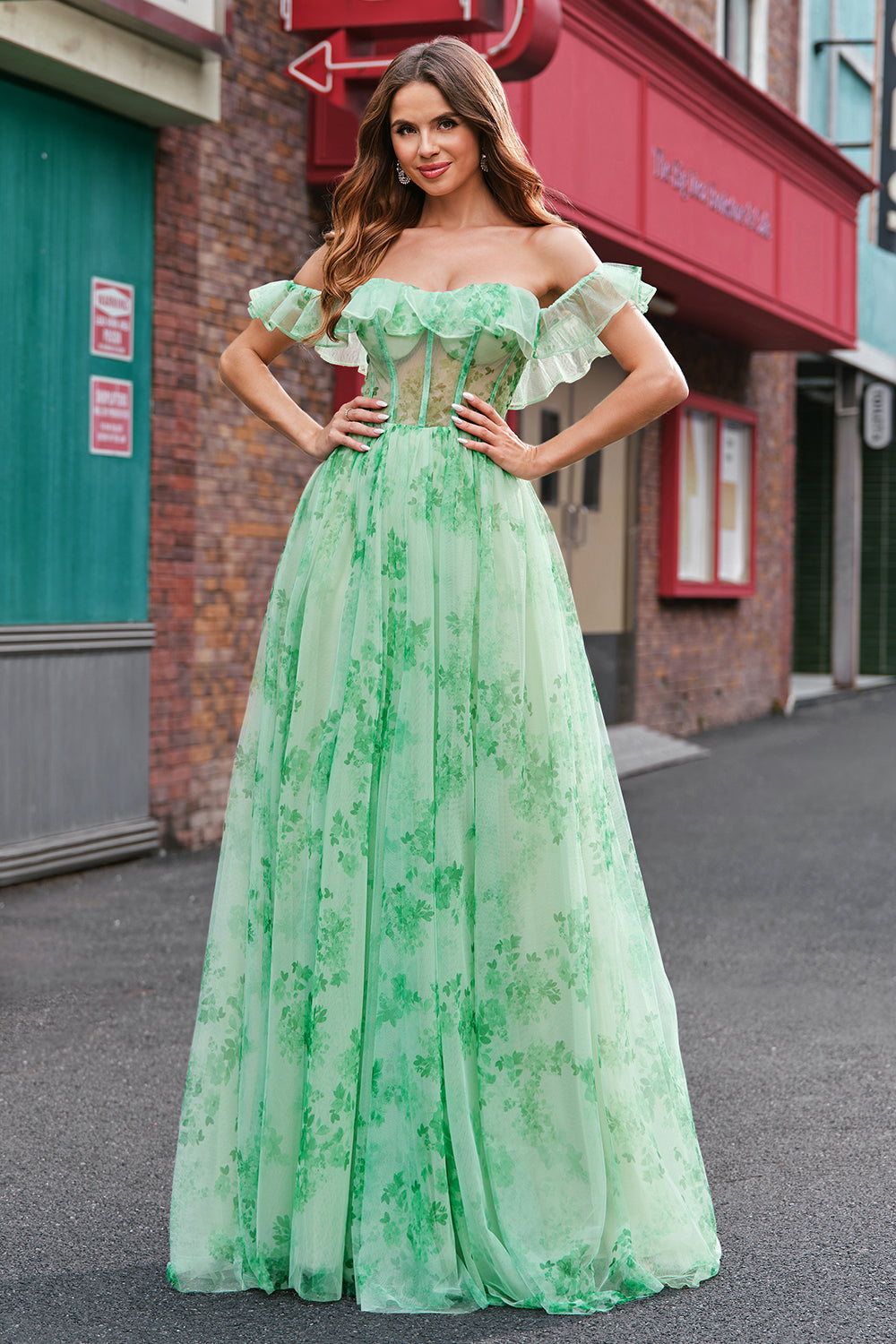 Green Off the Shoulder Corset Floral A-Line Prom Dress with Ruffle