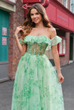 Green Off the Shoulder Corset Floral A-Line Prom Dress with Ruffle