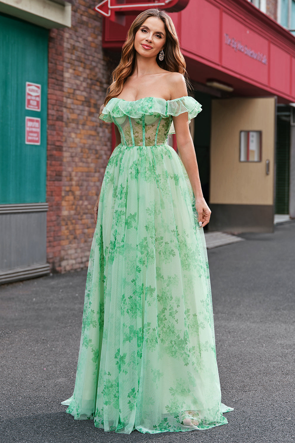 Green Off the Shoulder Corset Floral A-Line Prom Dress with Ruffle