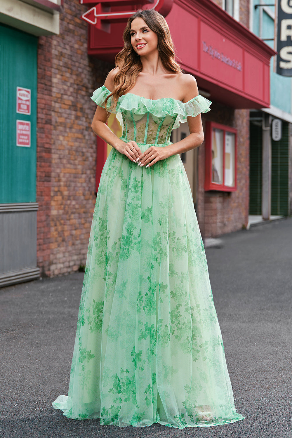 Green Off the Shoulder Corset Floral A-Line Prom Dress with Ruffle