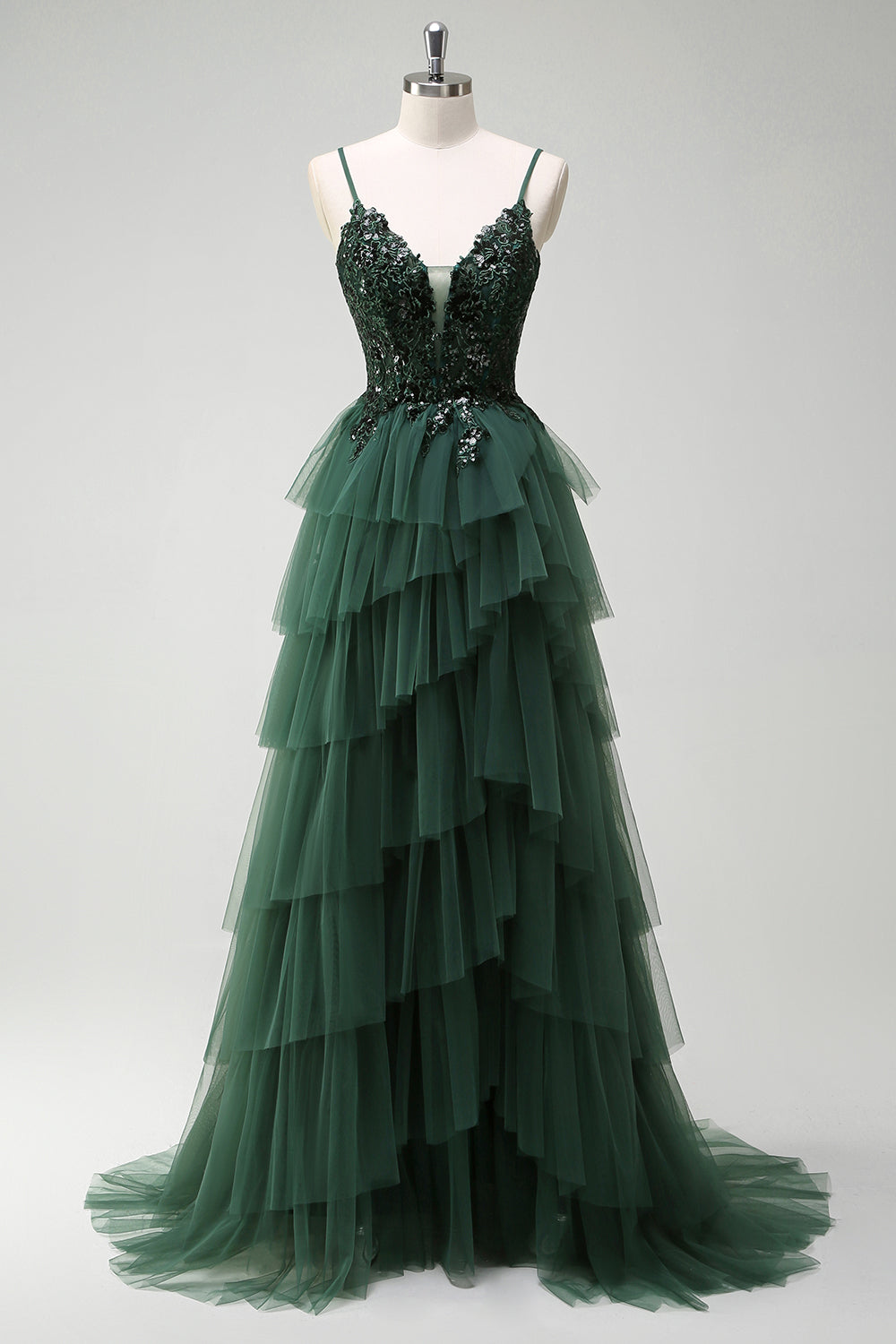 Dark Green Spaghetti Straps Applique Tiered A-Line Prom Dress