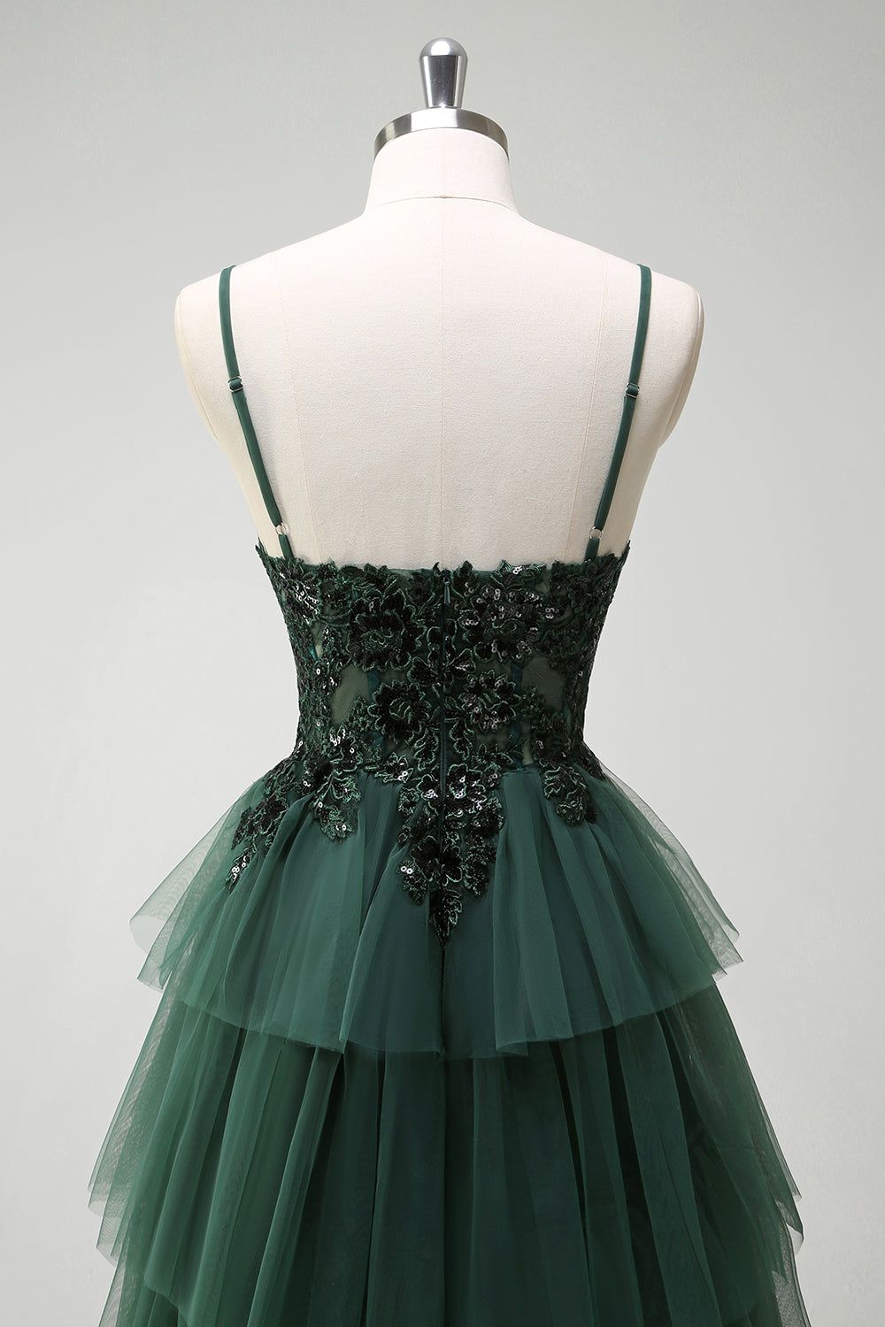 Dark Green Spaghetti Straps Applique Tiered A-Line Prom Dress