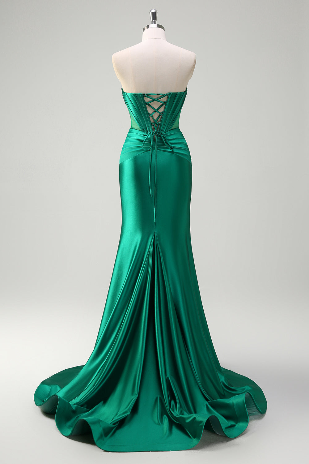 Dark Green Corset Keyhole Beaded Satin Mermaid Prom Dress with Slit