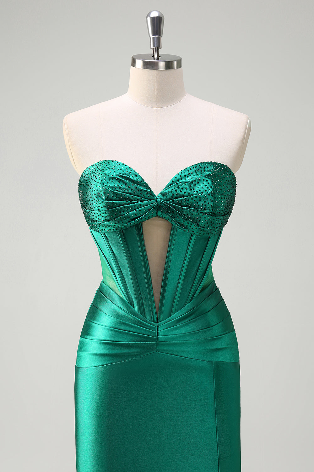 Dark Green Corset Keyhole Beaded Satin Mermaid Prom Dress with Slit