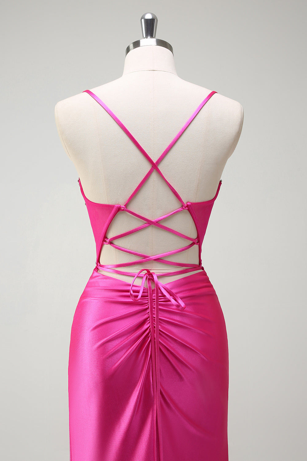Fuchsia Spaghetti Straps Beaded Satin Mermaid Prom Dress with Slit