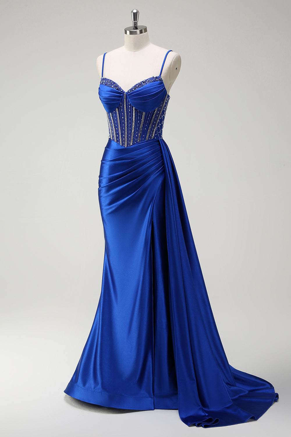 Royal Blue Spaghetti Straps Corset Mermaid Satin Prom Dress with Side Cape